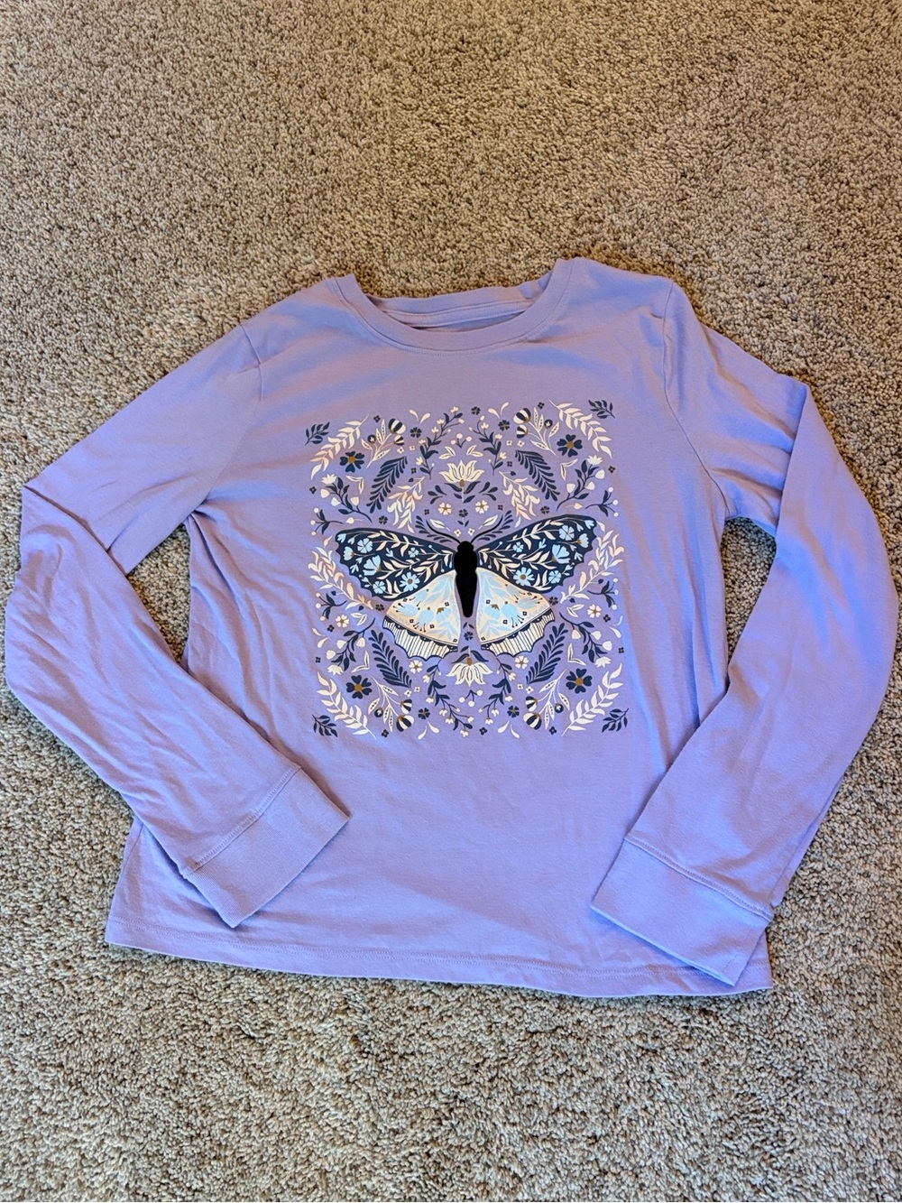 Purple Cotton Long Sleeve Shirt with Butterfly Motif, Kids Size X-Large